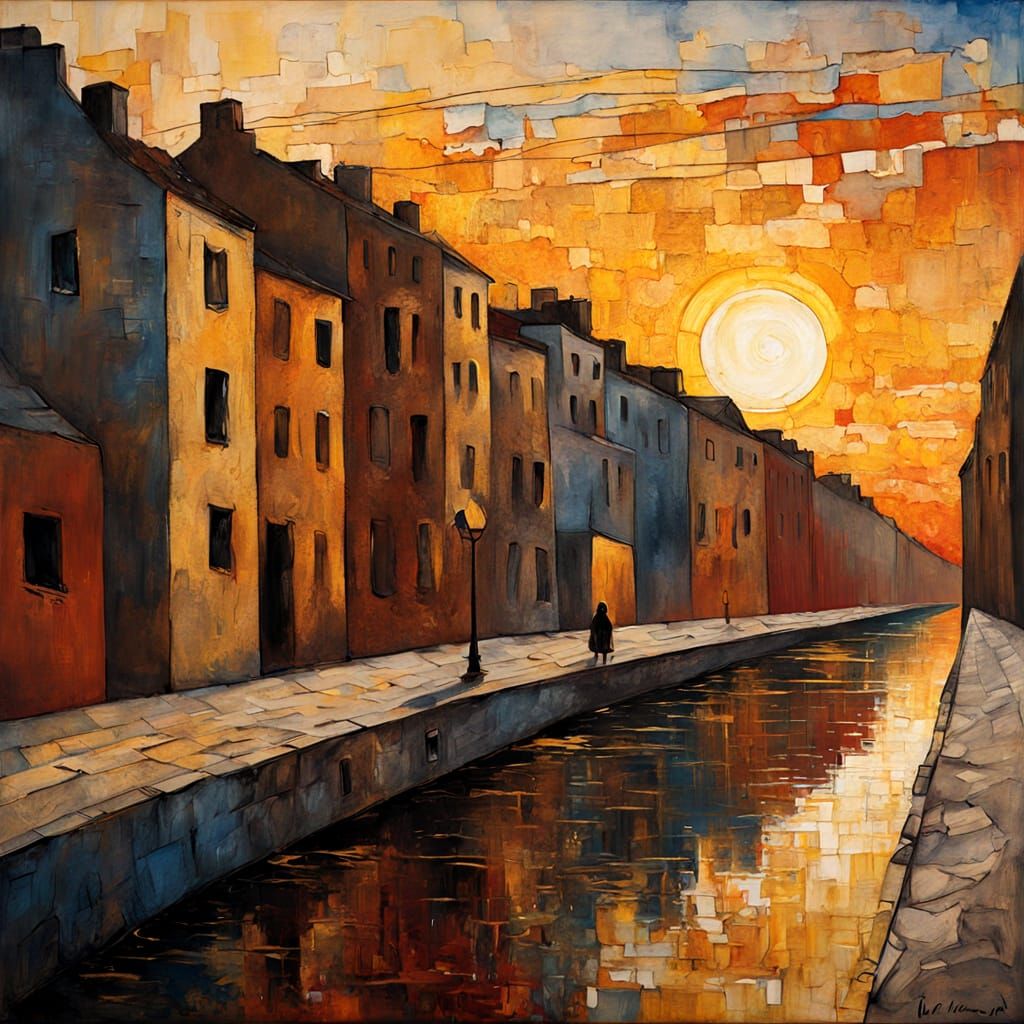 Surreal Cityscape at Sunset with Crumbling Buildings and Gol...