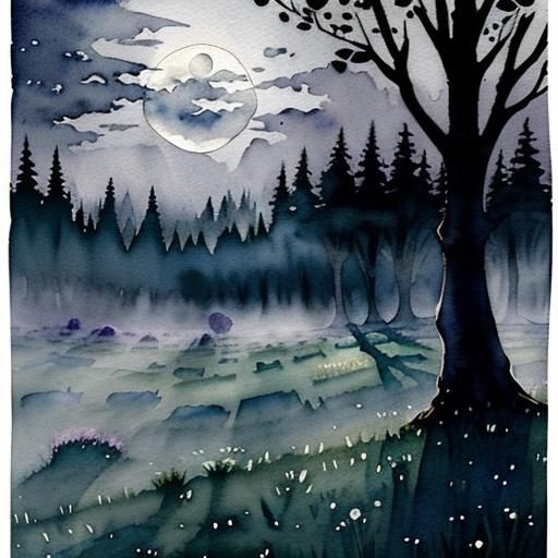 Ethereal Meadow in Evening Gloom: Watercolor and Ink