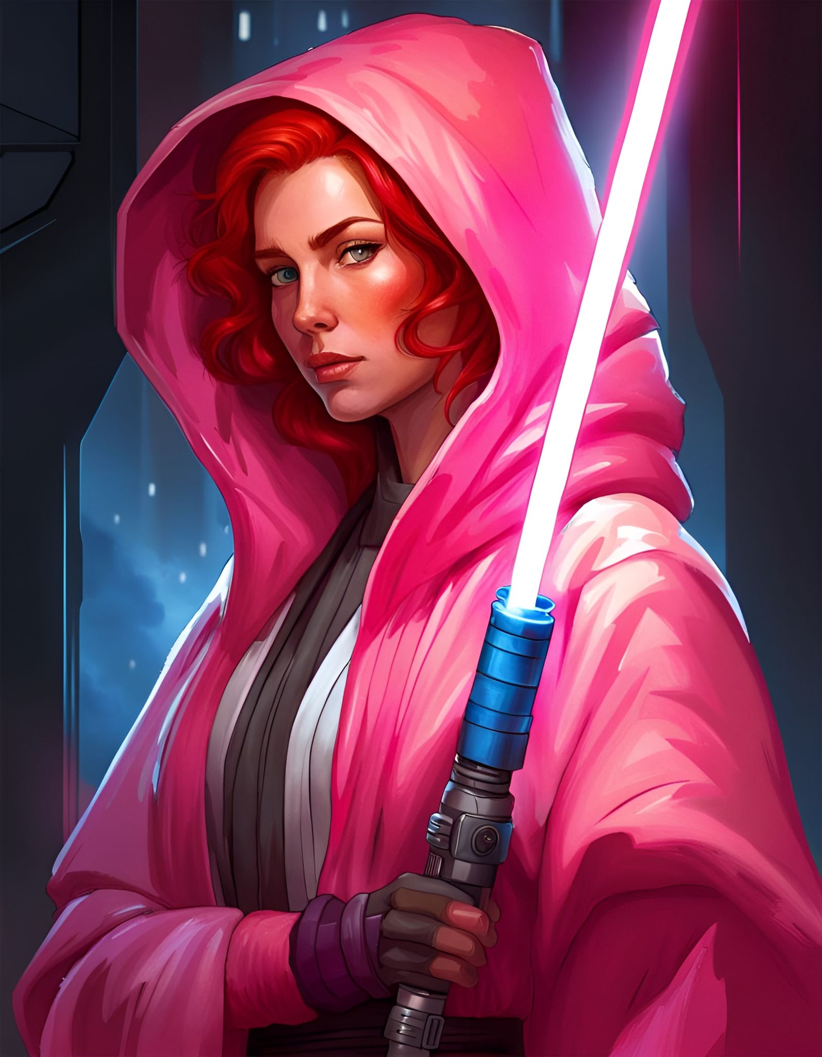 Redhead Wielding Lightsaber in Hyperdetailed Portrait