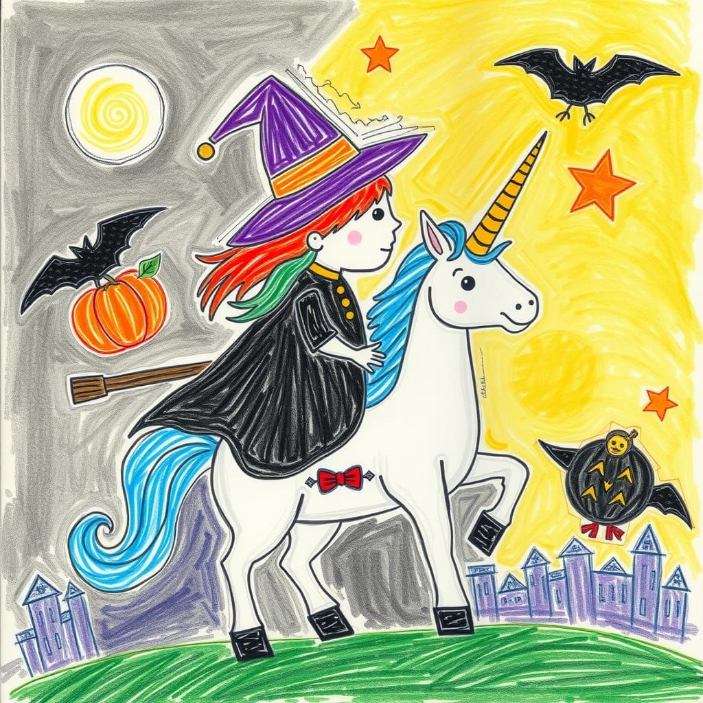 Crude child-like drawing jack o lanern witch  ridimg a unico...