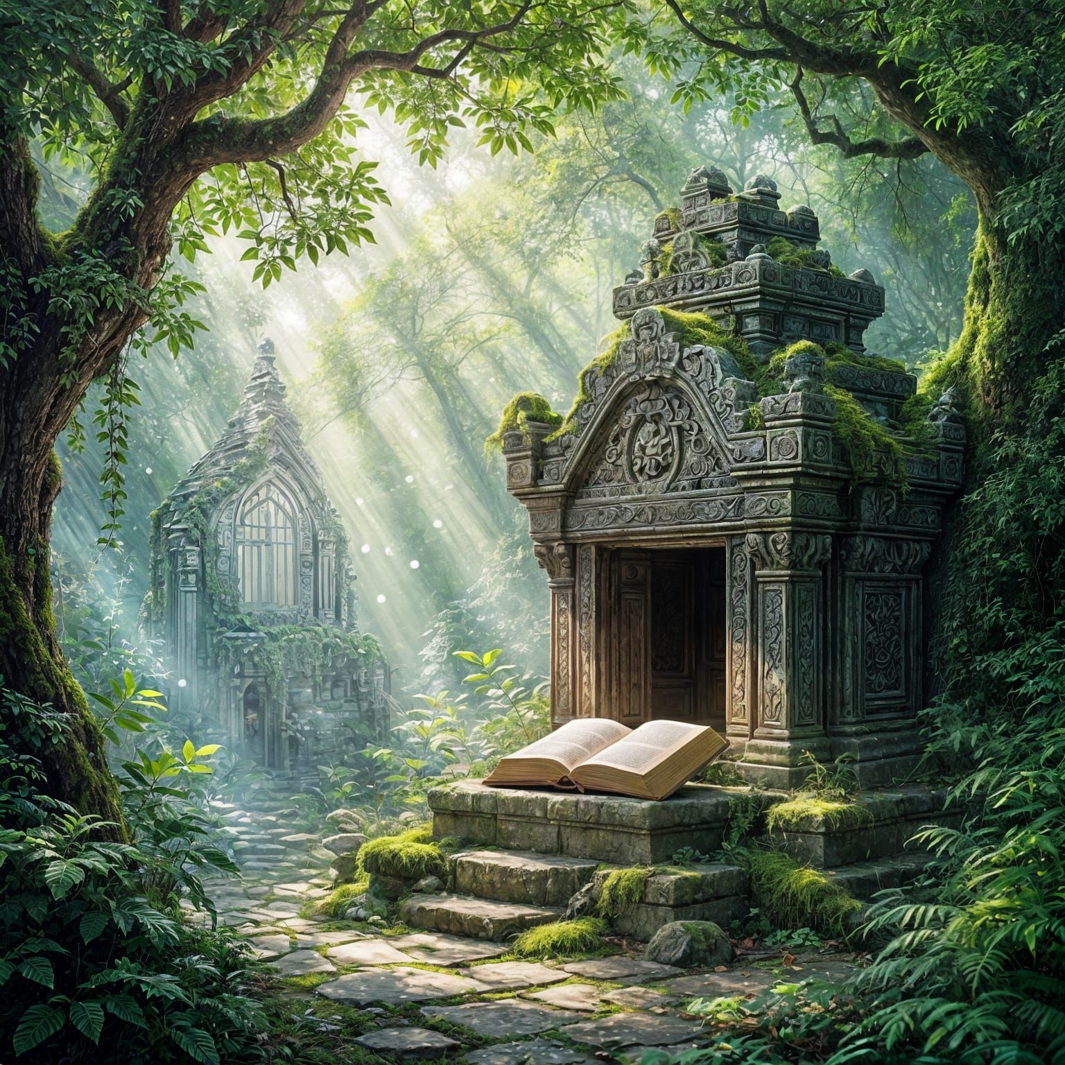 Enchanted Forest Temple with Ancient Book in Storybook Style