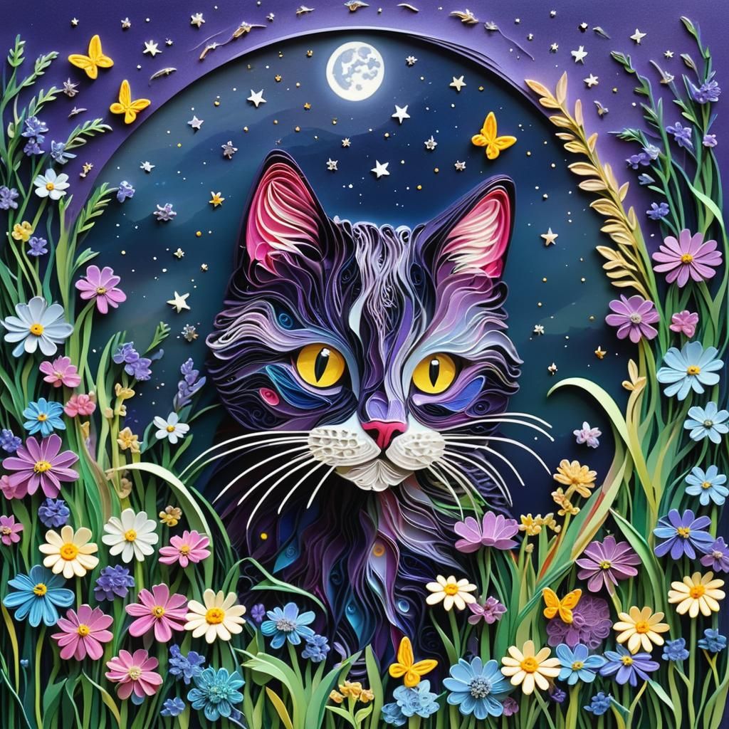 Hyperrealistic Quilling Collage of Purple Cat in Moonlit Fie...