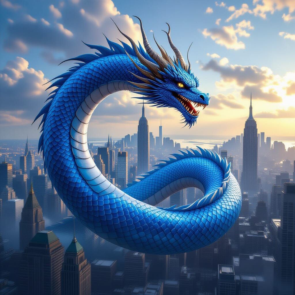 Blue Dragon Calmly Devours City Landscape