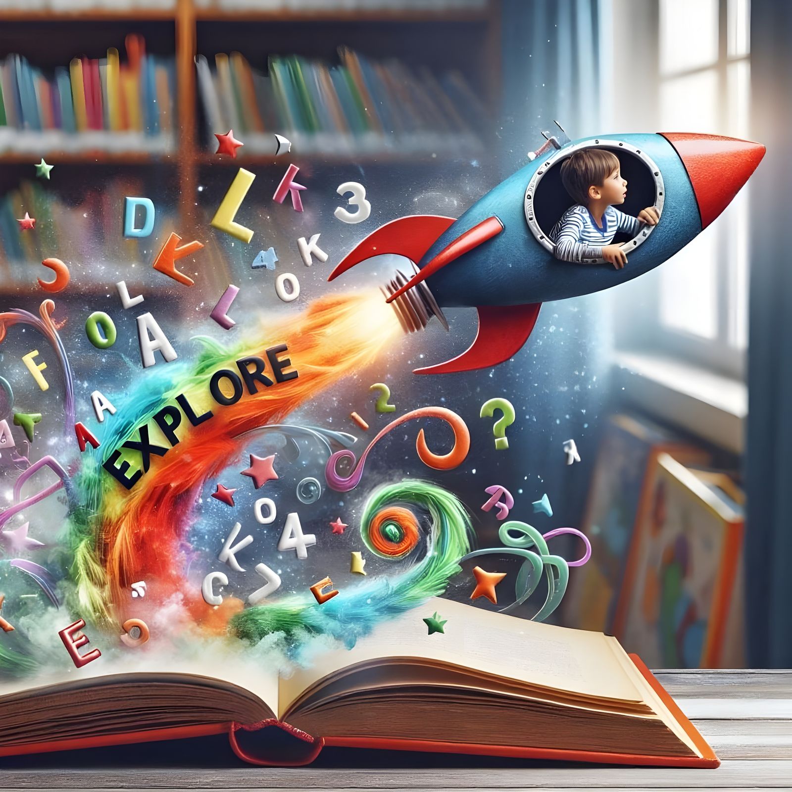 Playful Rocket Ship Flying from Book