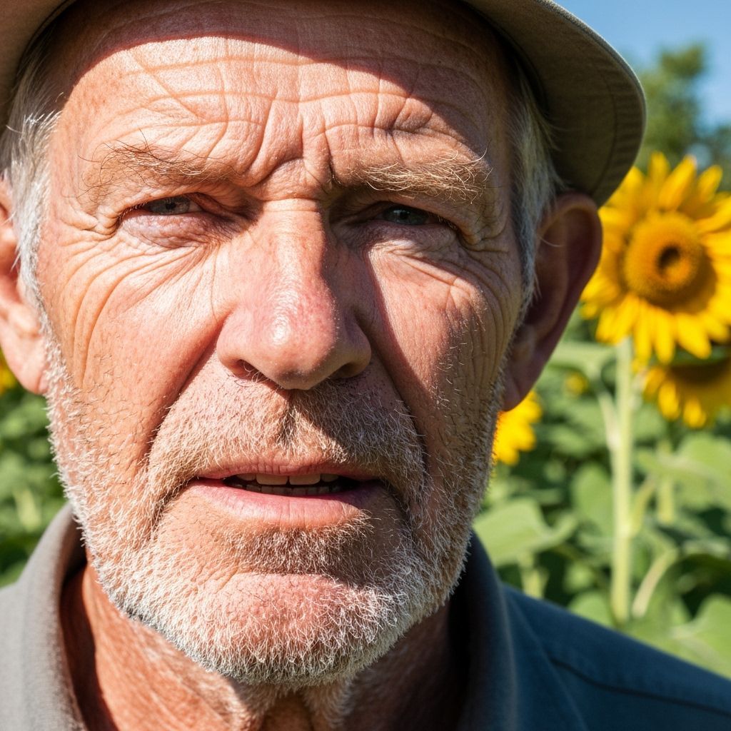 Weathered Gardener's Face Illuminated by Bright Light