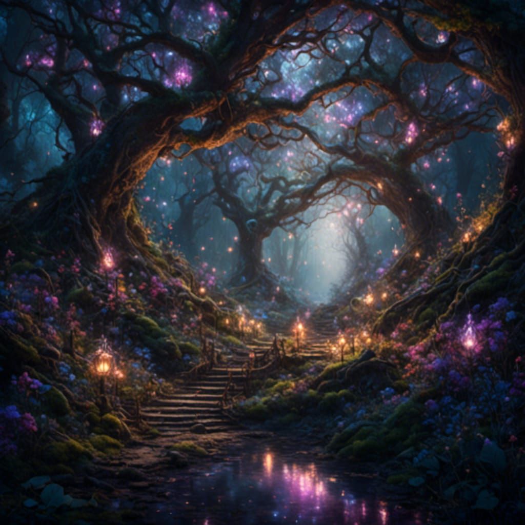 Dark Fantasy Forest with Ethereal Lights