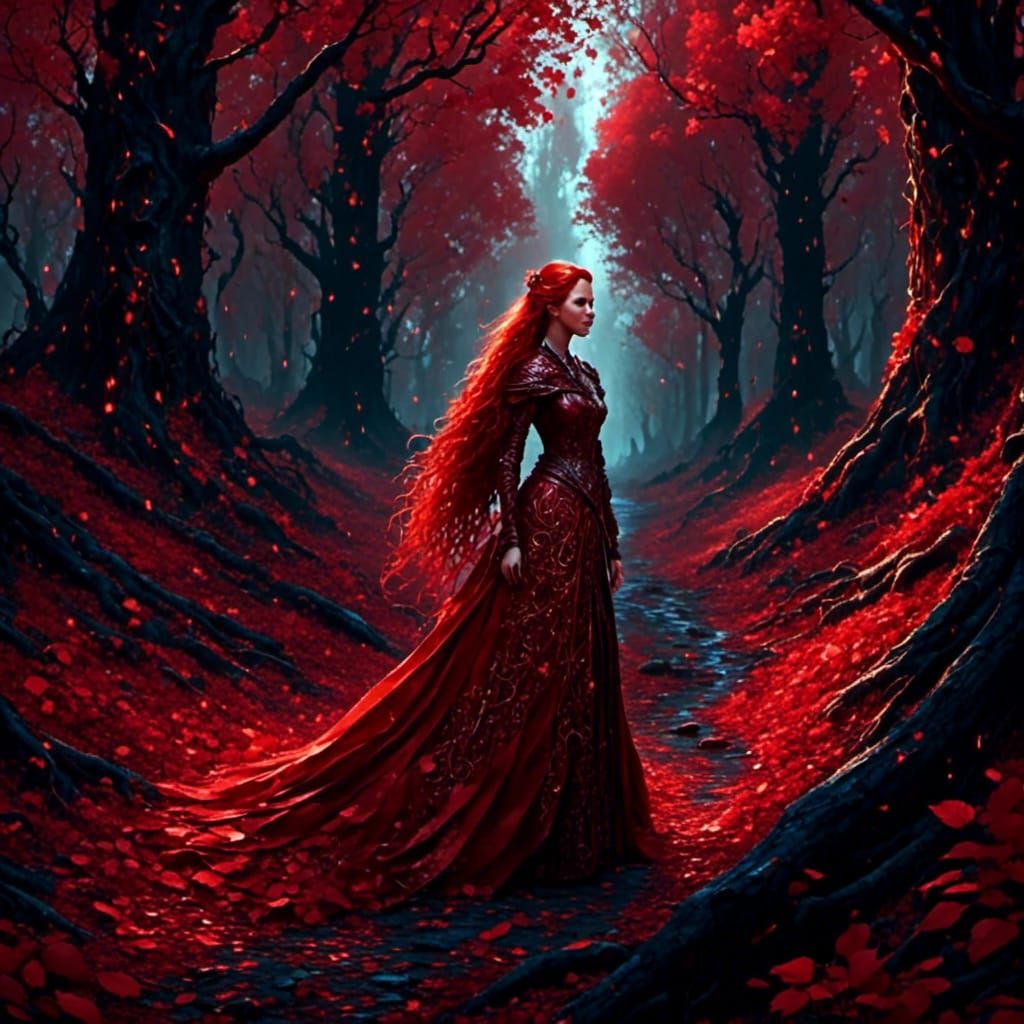 Red-Haired Girl Portrait in Wood, Fantasy Concept Art