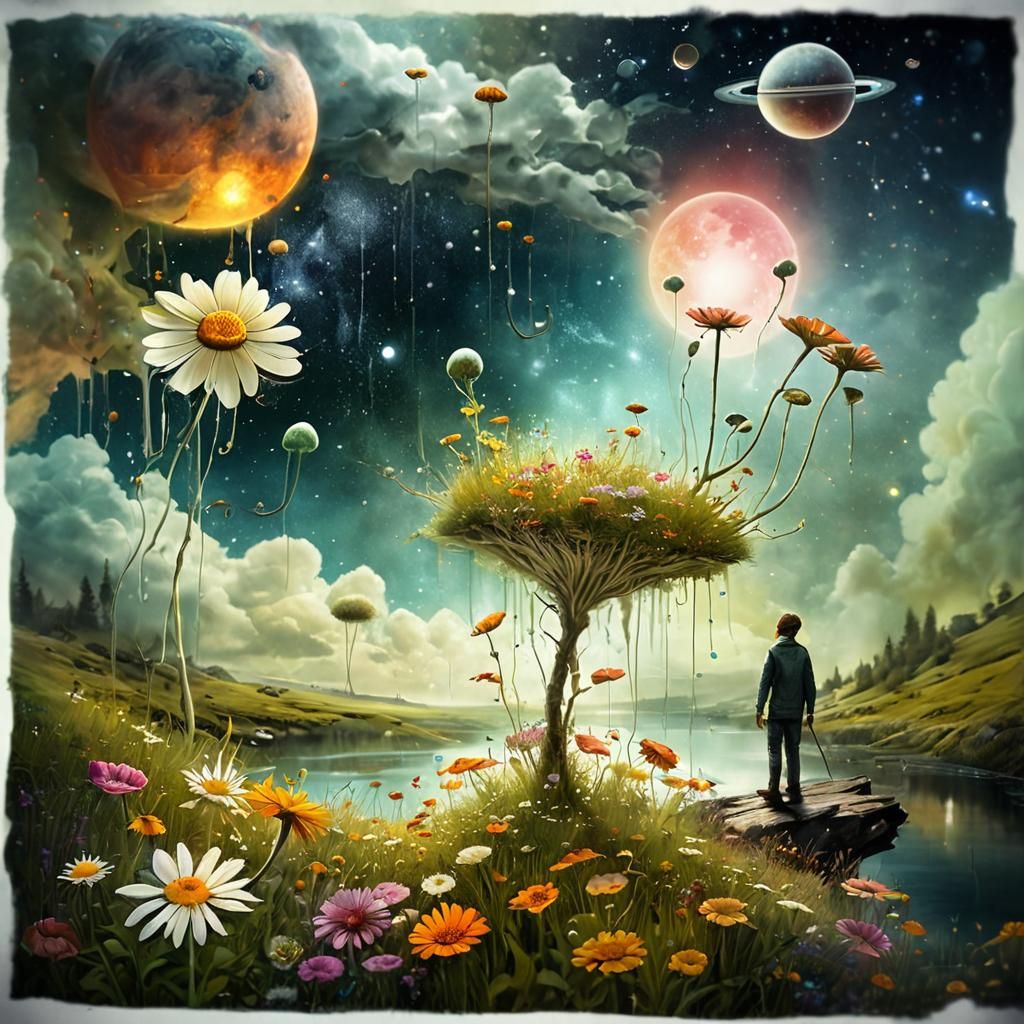 Surreal Flower Meadow Dripping off Planets