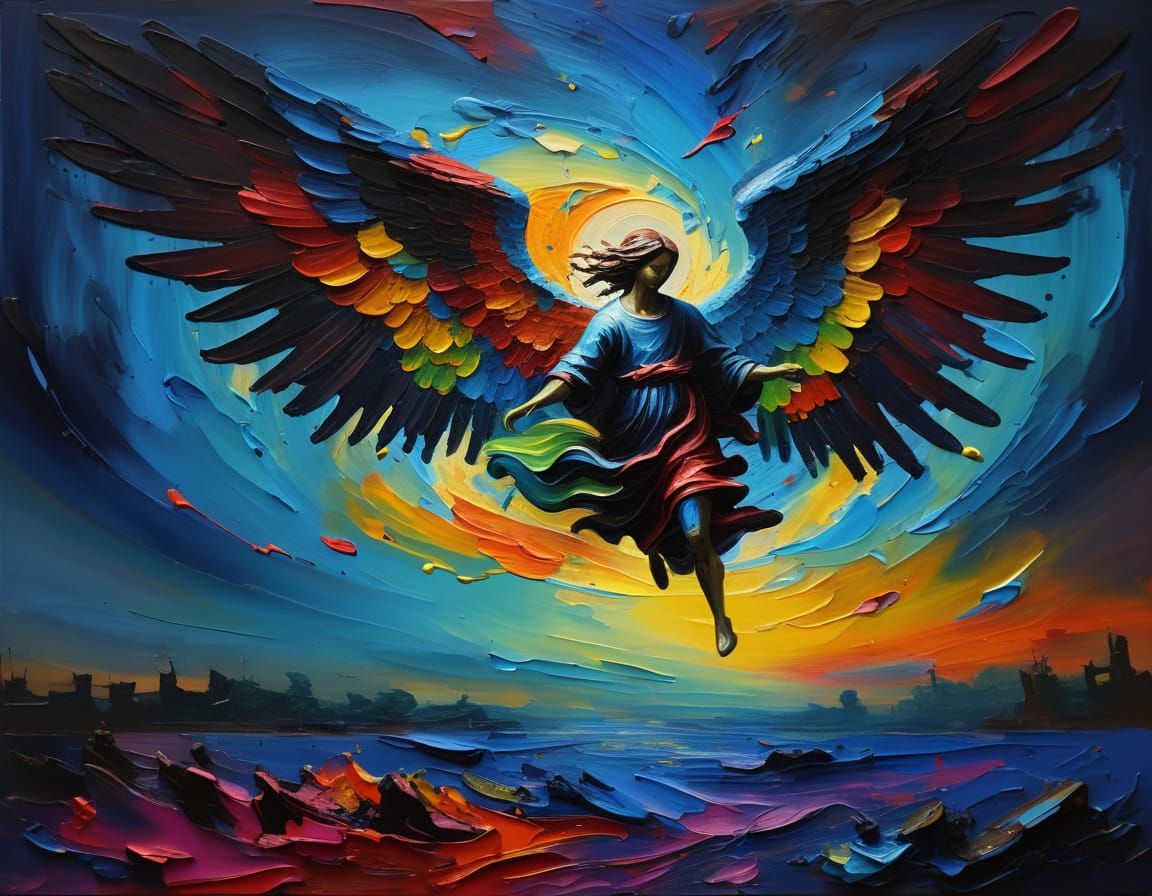 Colorful Angel Descends in Impasto End-of-Days Scene