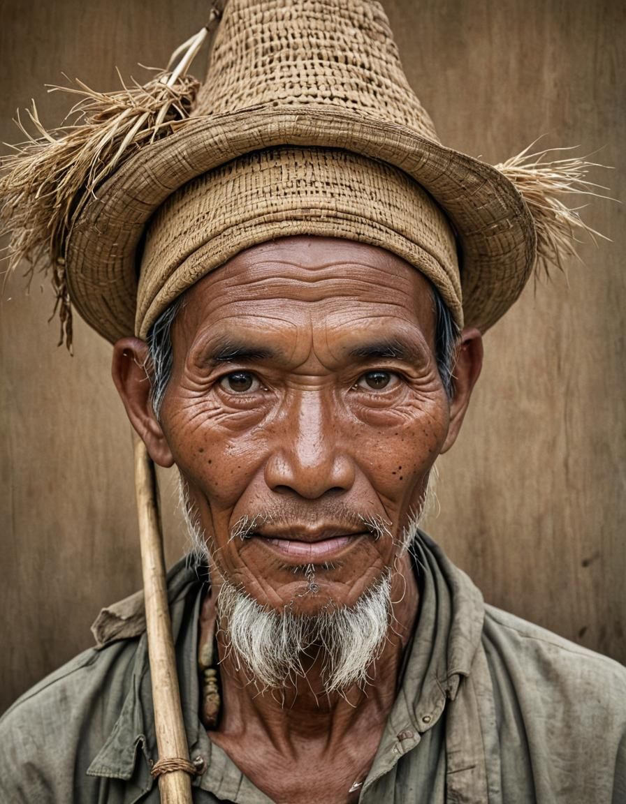 Indonesian Farmer Portrait with Conical Hat, Photorealistic