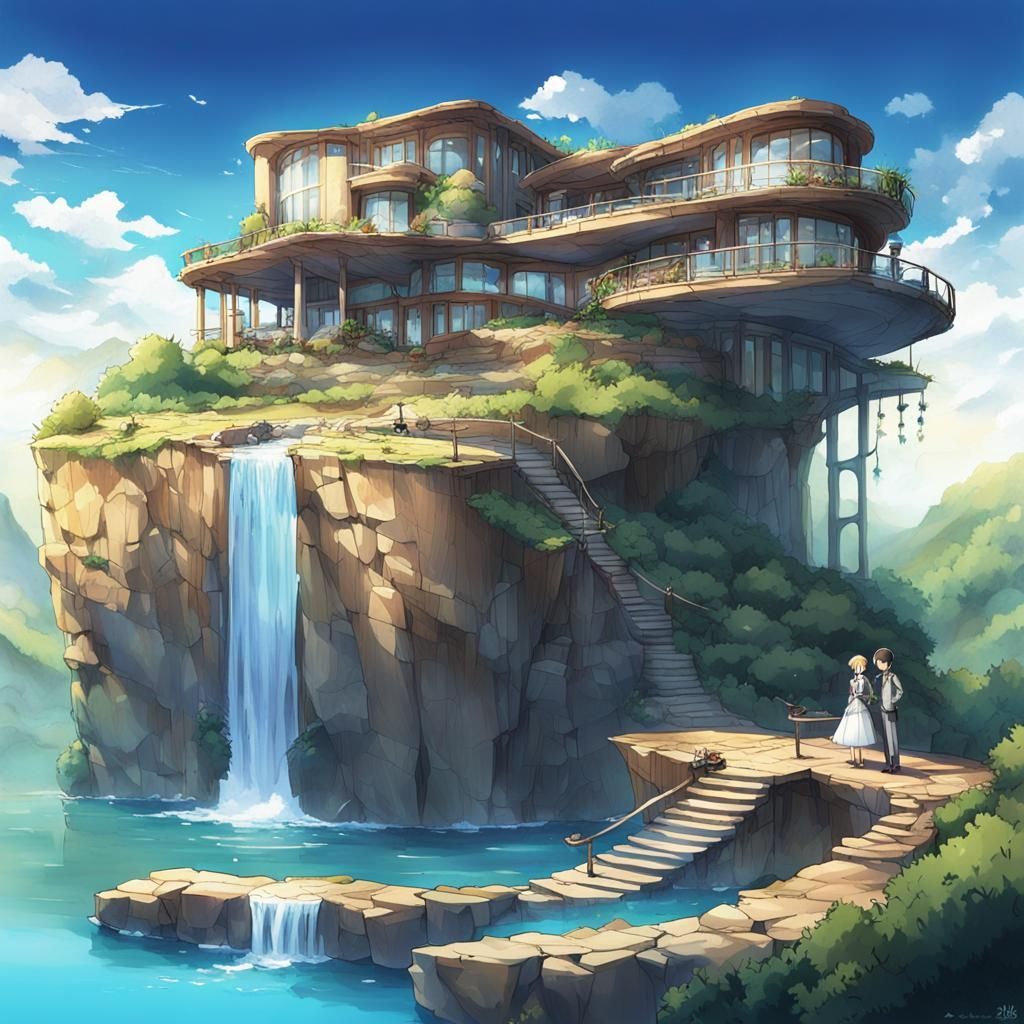 Romantic Cliffside Wedding Scene in Anime Style