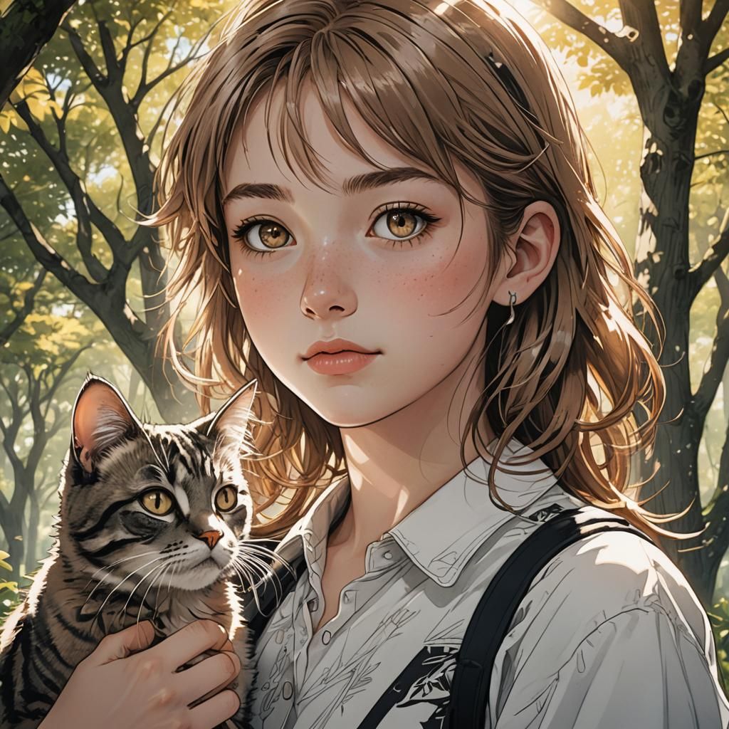 Girl with Cat in Manga Anime Style