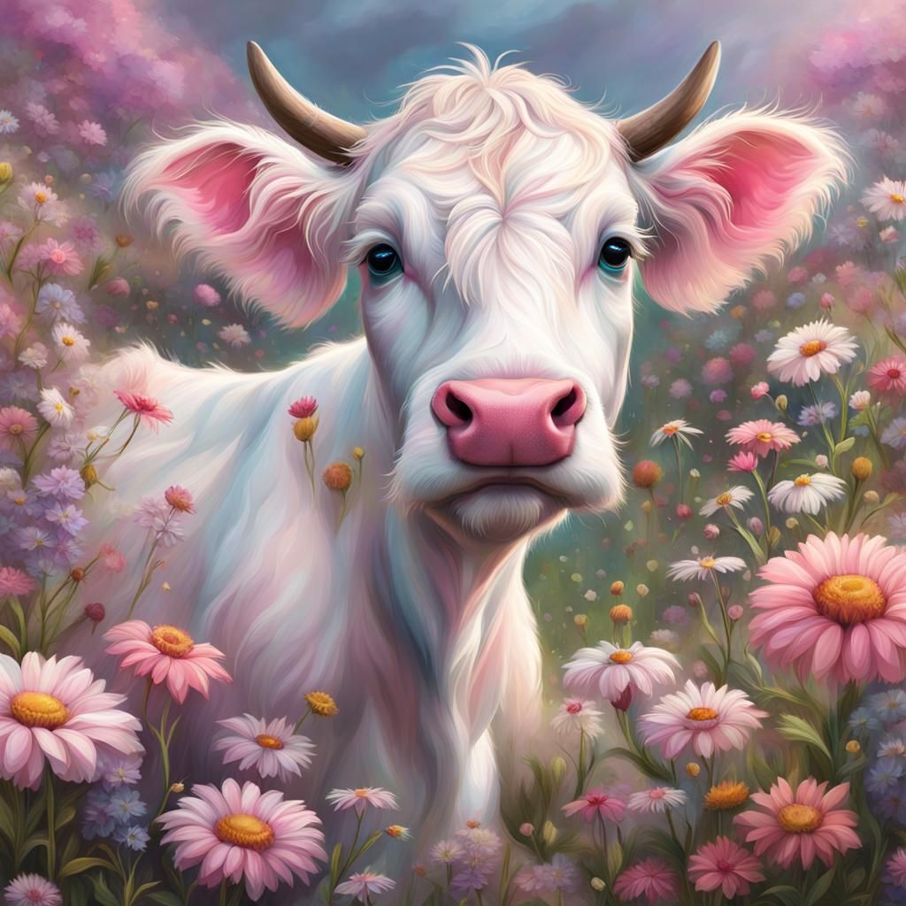 Chibi White Cow in a Multicolored Flower Meadow