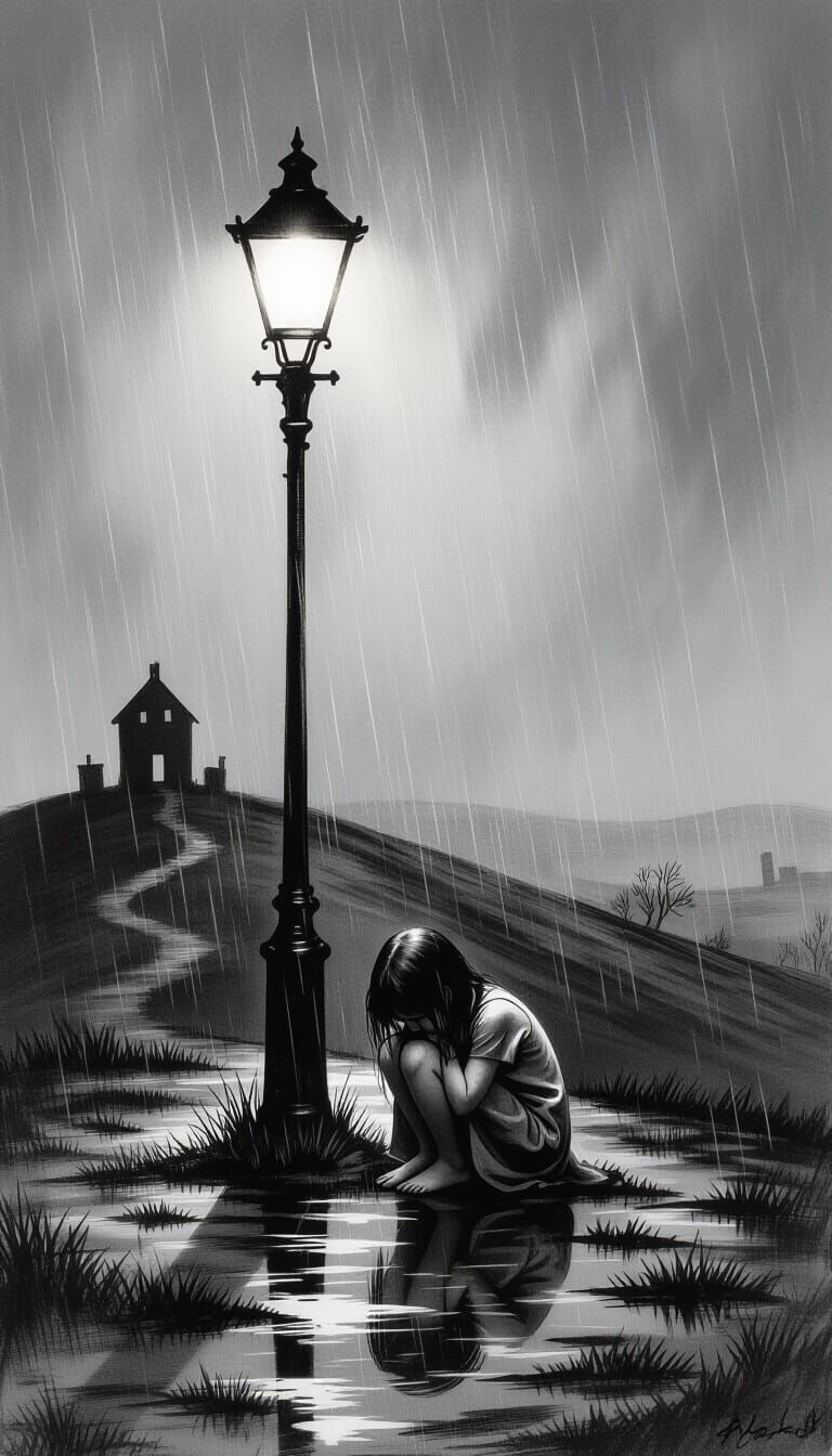 Desolate Girl Cries Under Lamp Post in Charcoal Drawing