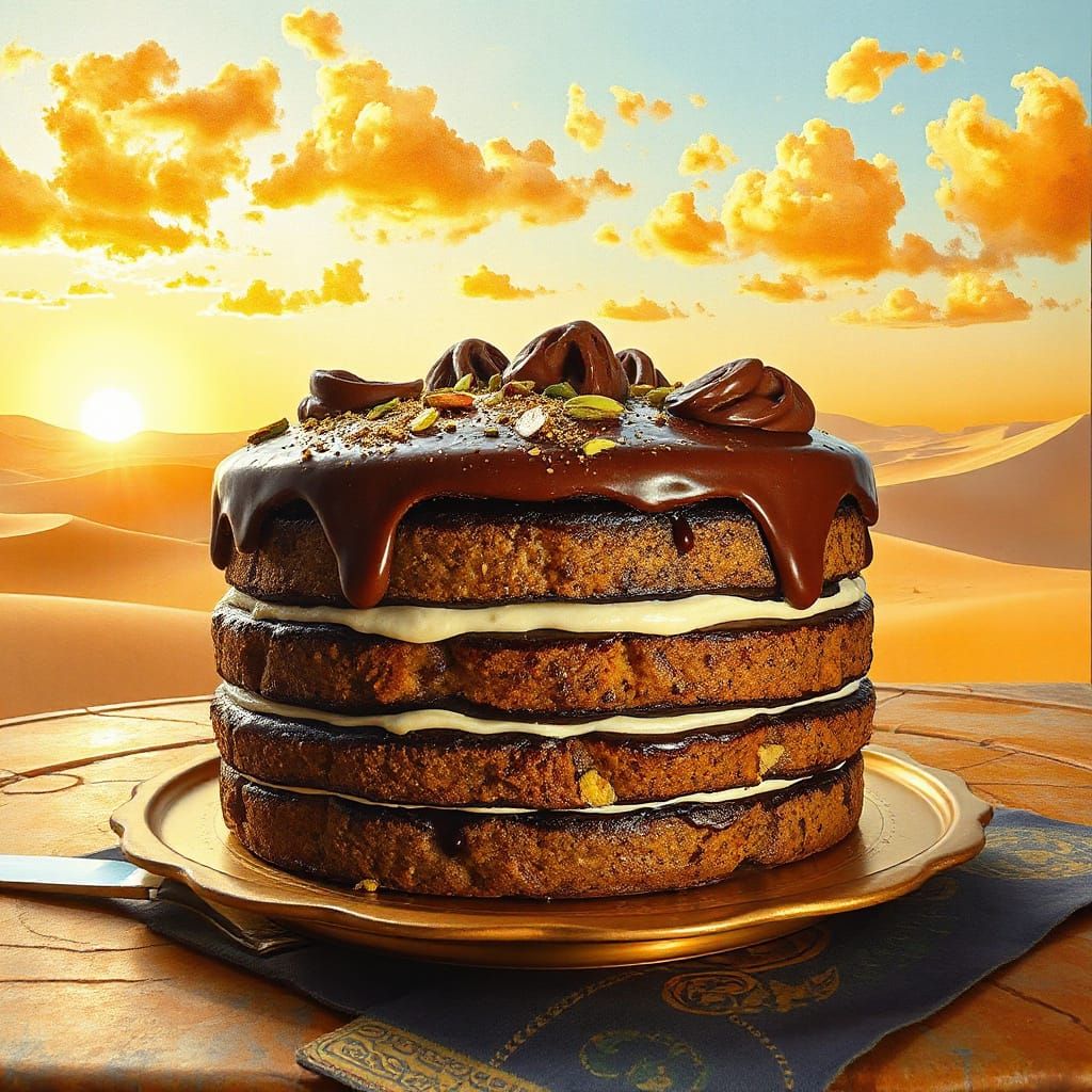 Giant Chocolate Cake in Dubai Desert, Gouache Painting