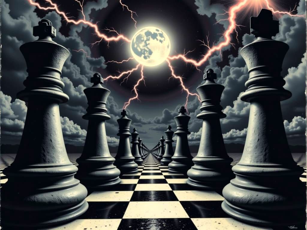 Surreal Chess and Alice Scene with Aurora Borealis
