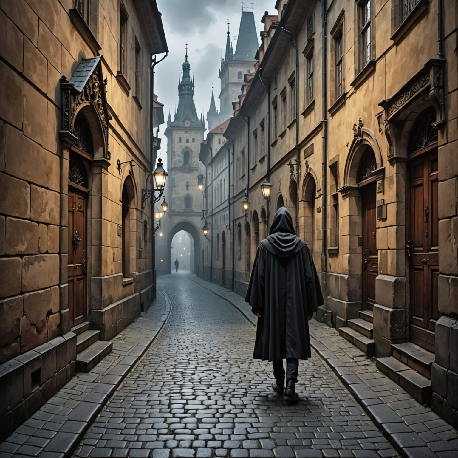Misty Prague Alleyway in Gritty Victorian Style