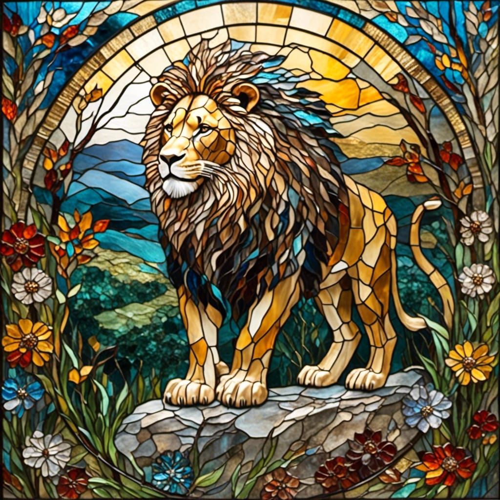 Lion in Savanna as Stained Glass Art