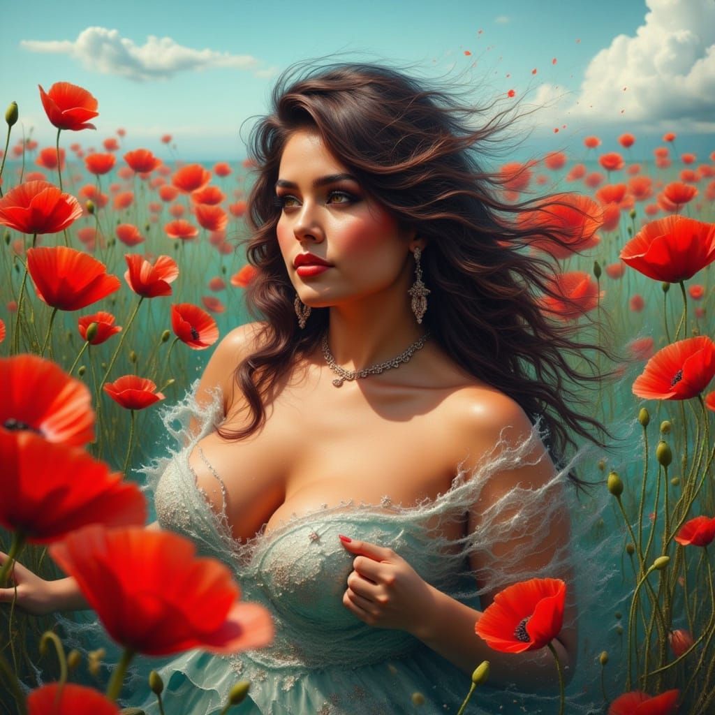 Vibrant Coastal Goddess in Crimson Poppies