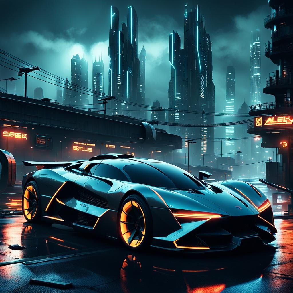 Cyberpunk Supercar in Futuristic Cityscape