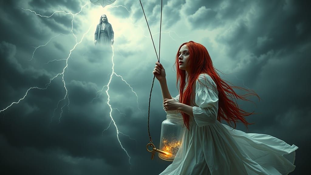 Red Haired Woman Clings to Kite String in Turbulent Storm