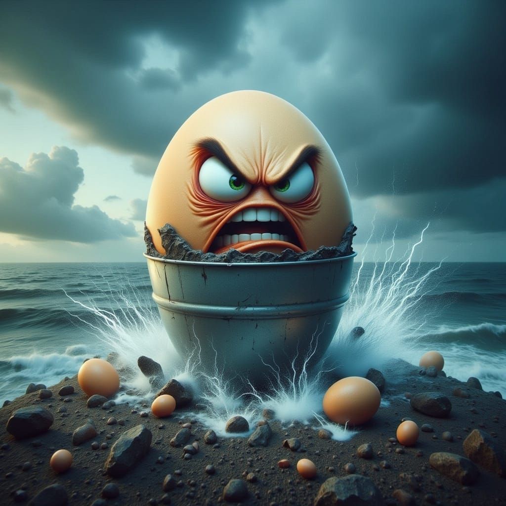 Angry Egg Over the Ocean in a Bucket