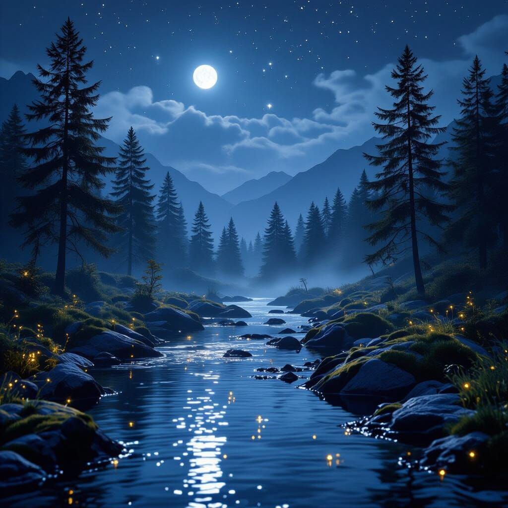 Moonlit River in Untouched Nature: 3D Render