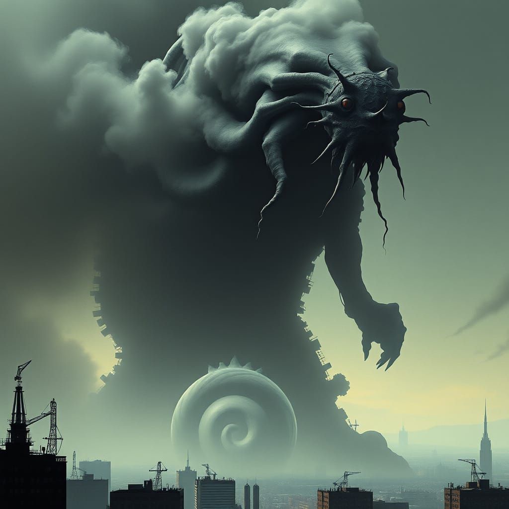 Cyberpunk Smog Beast Towers Over Futuristic City