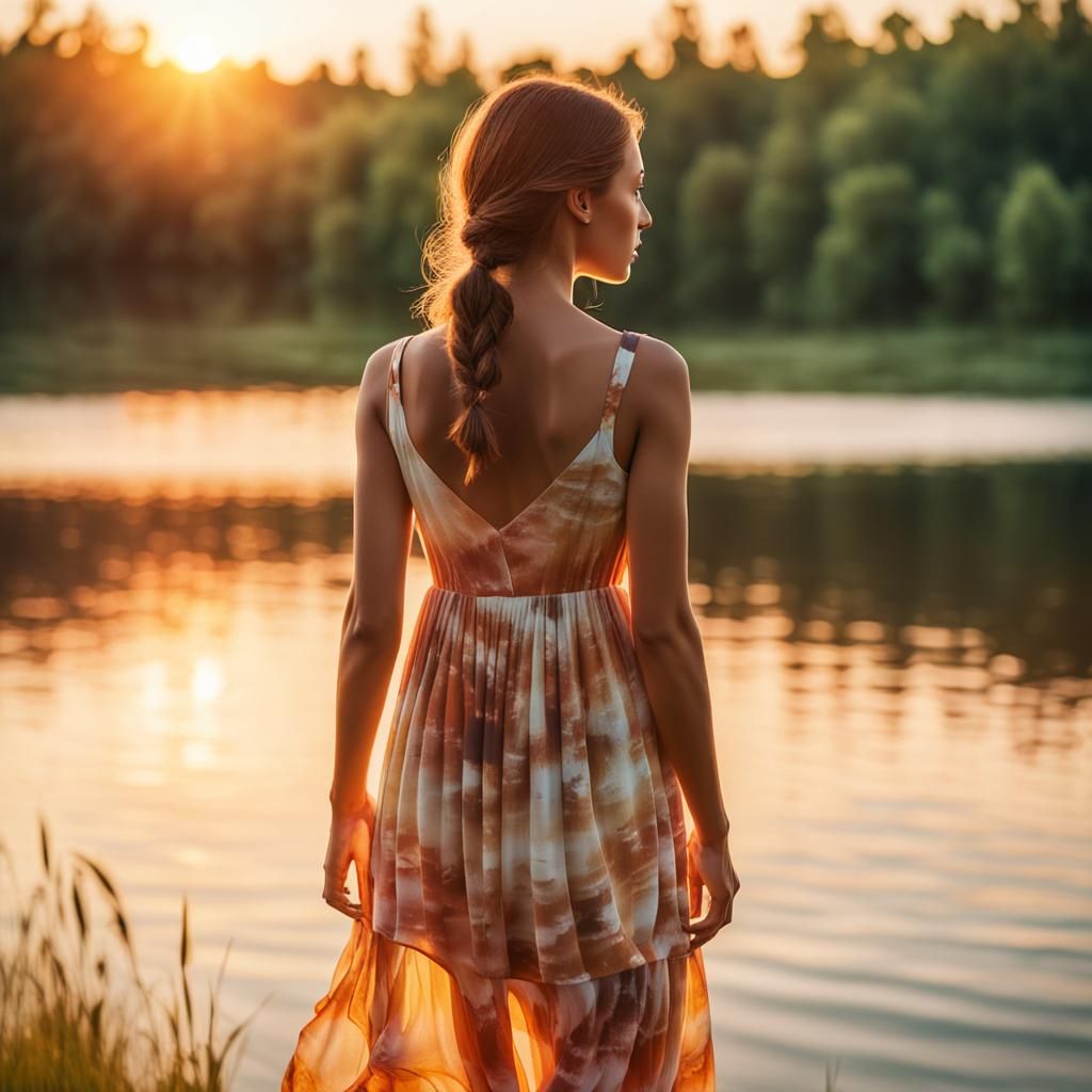 Woman at Lake Sunset: Evocative Summer Concept Art