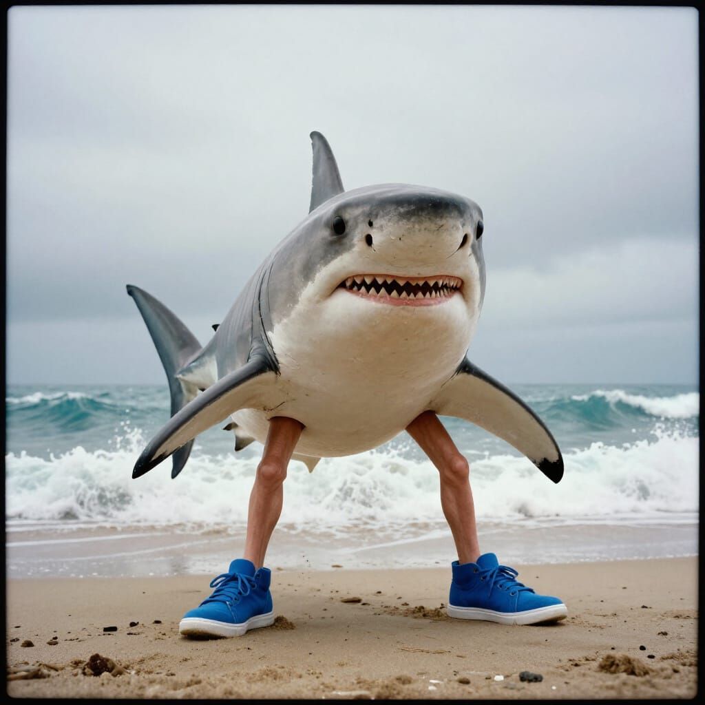 Great White Shark With Human Legs in Blue Sneakers
