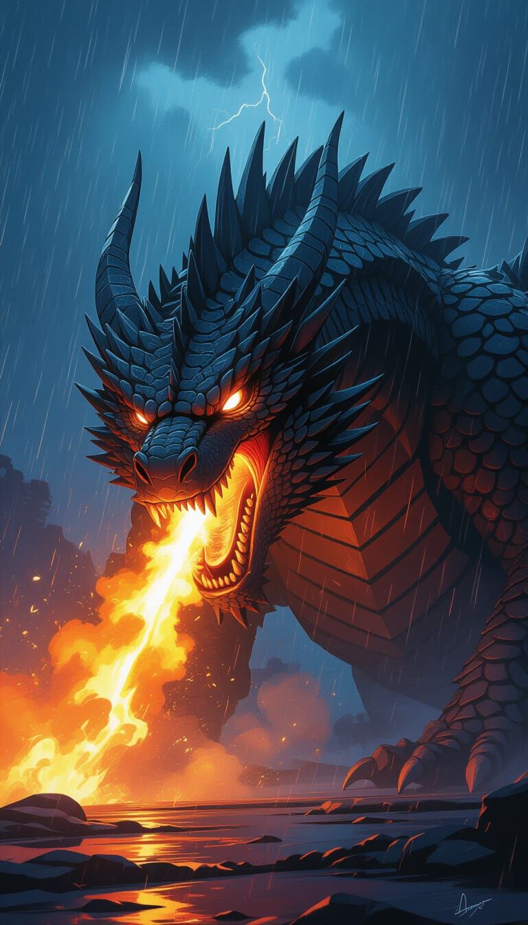 Furious Dragon Spitting Fire in Stormy Night