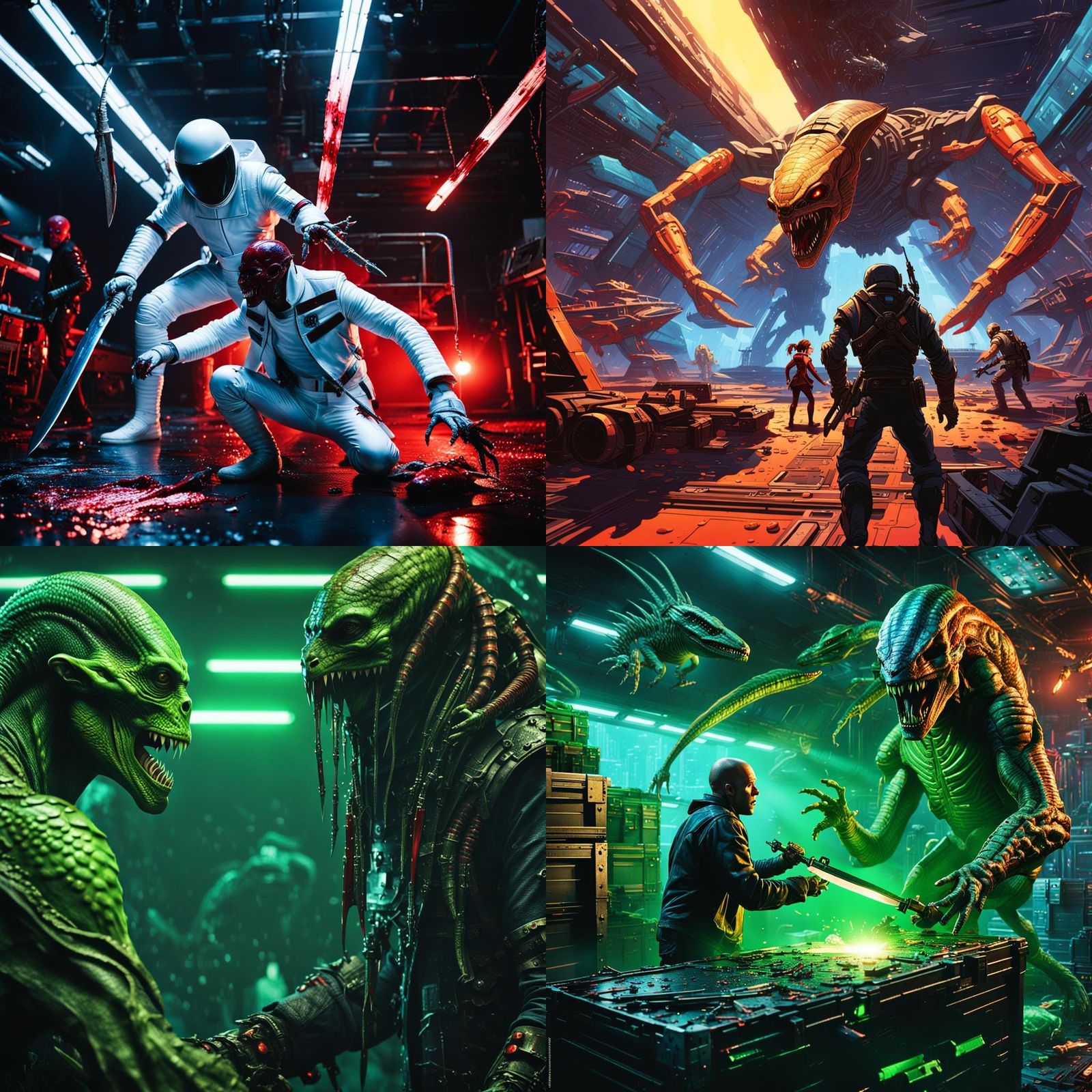 Engineer Battles Alien Pirate in Spacecraft Docking Bay