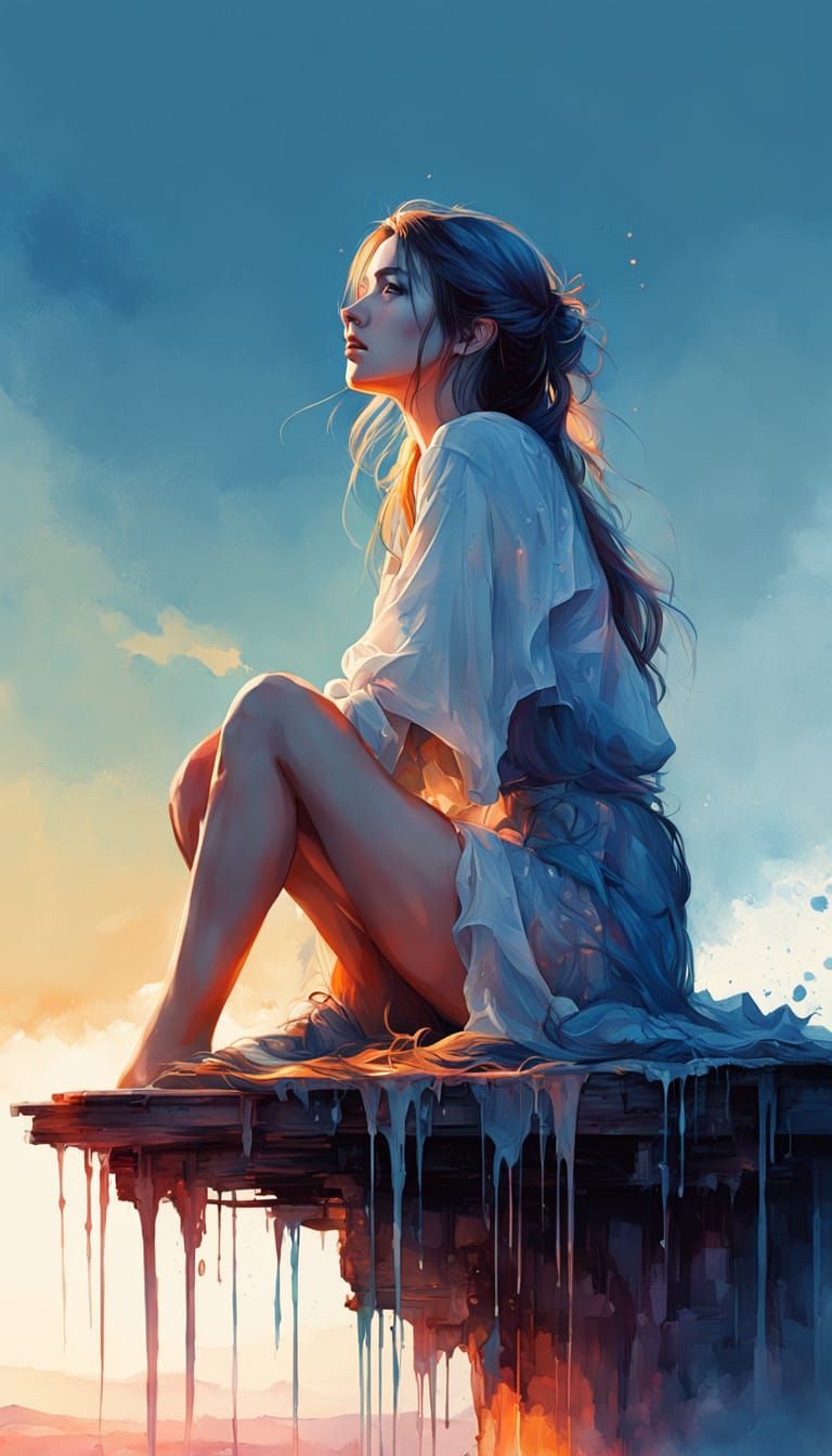 Woman with Dripping Paint: Digital Watercolor Art