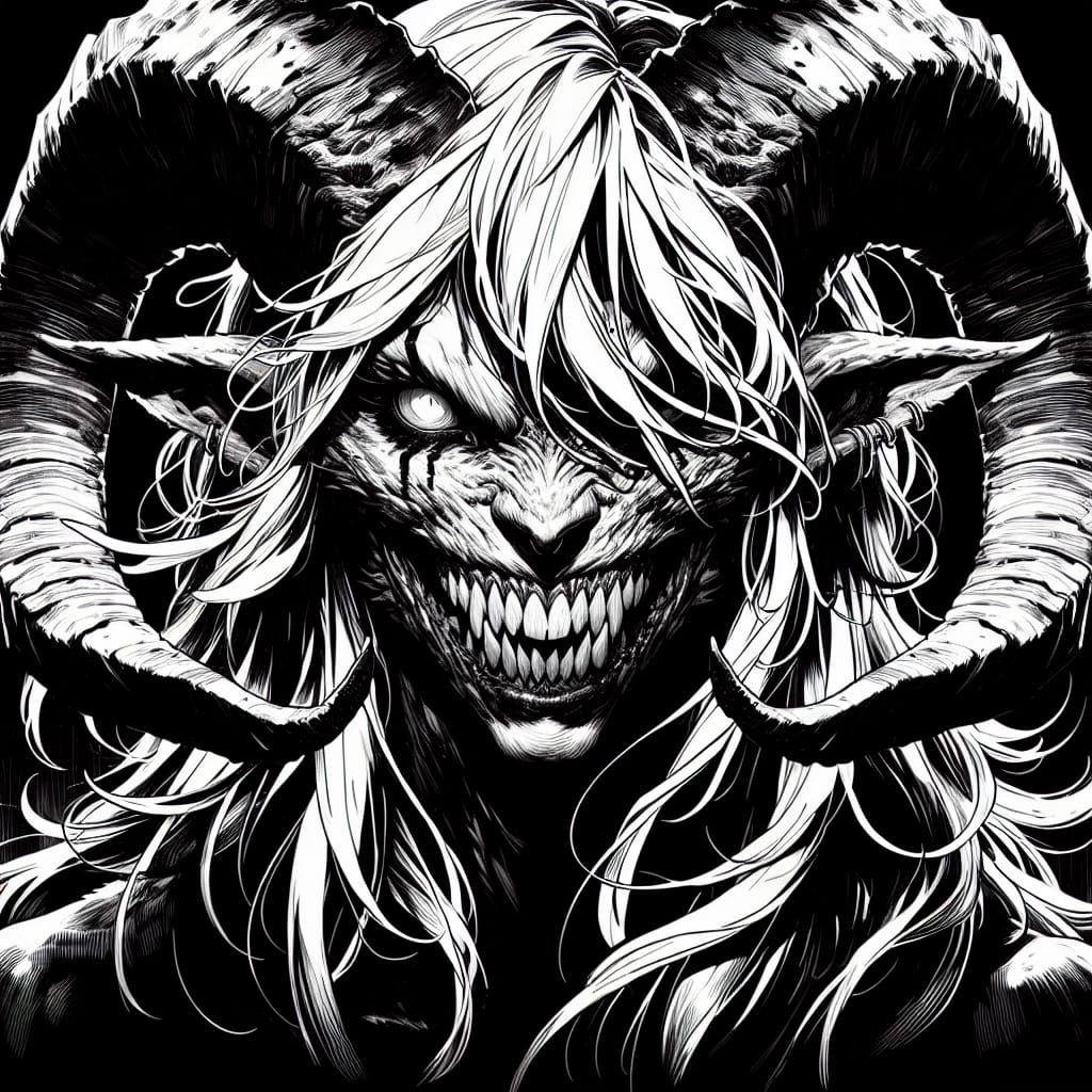 Monochromatic Demoness with Ram Horns and Menacing Grin