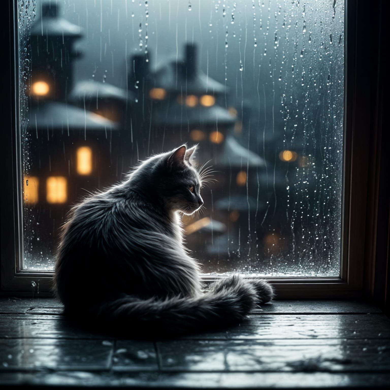 Cozy Cat Watching Rain from a Windowsill