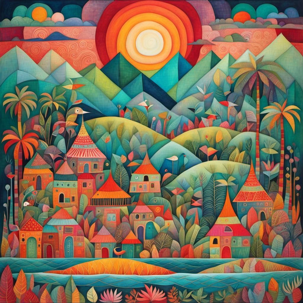 Colorful Tropical Island Scene in Naive Art Style