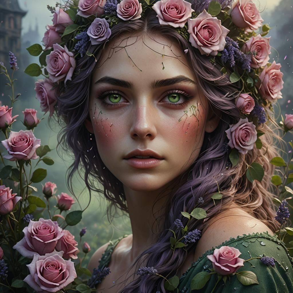 Floral Woman with Dewdrops: Digital Matte Painting