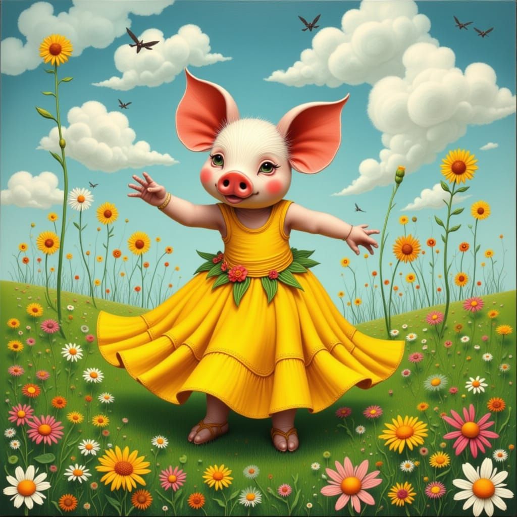Pig Dances Salsa in Wildflower Meadow