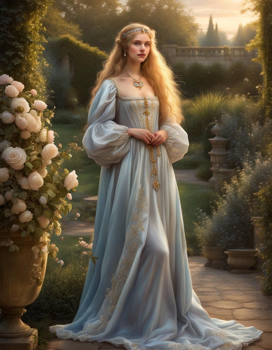 Renaissance Girl in Silver Gown with Golden Hair
