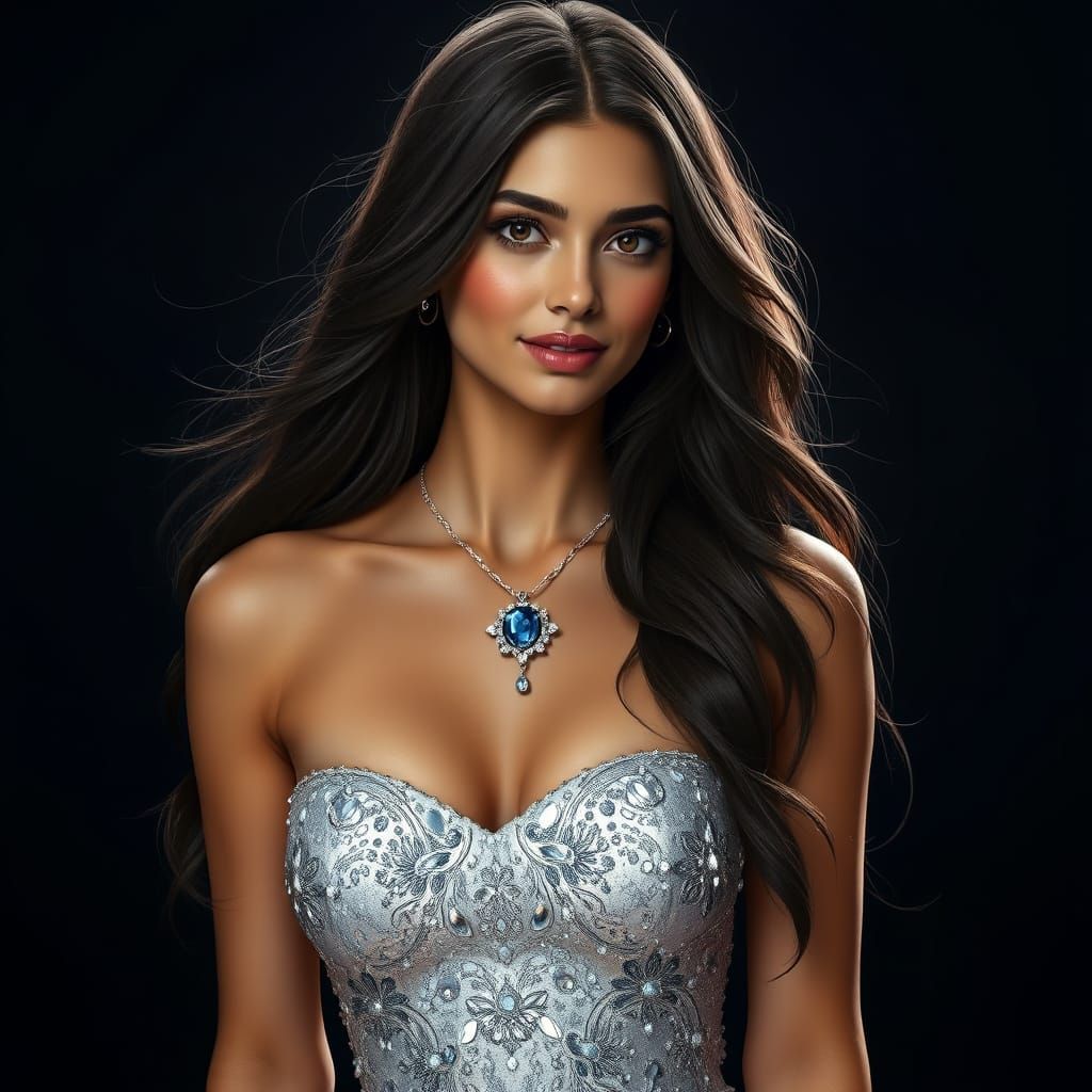 Elegant Woman in Silver Dress, Art Nouveau Style