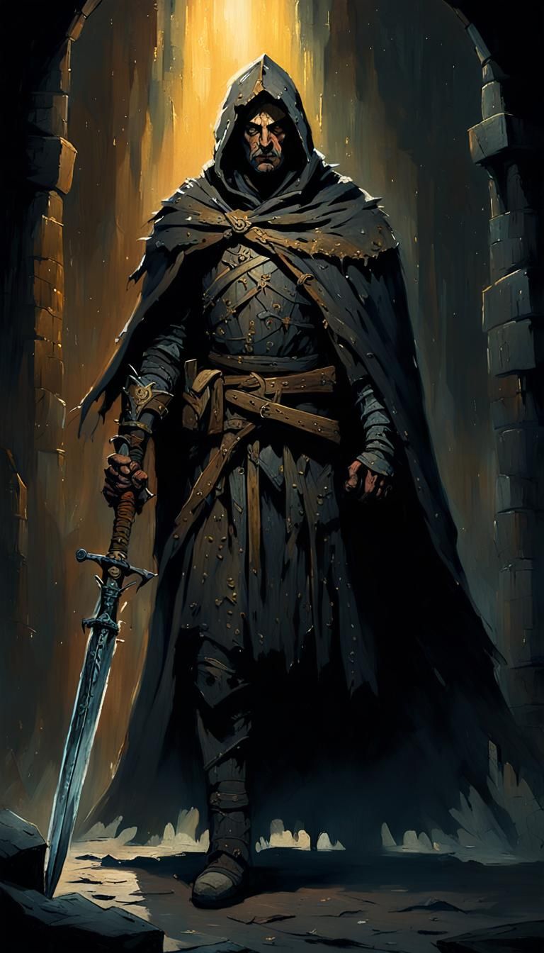 Dark Fantasy Warrior in Dungeon: Cinematic Oil Painting