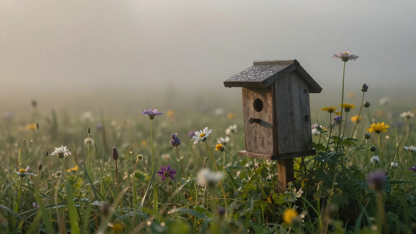 Serene Misty Meadow with Wildflowers and Birdhouse