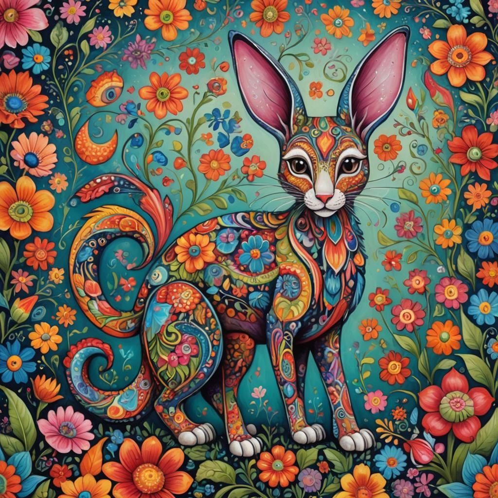 Whimsical Creature in Vibrant Folk Art Style