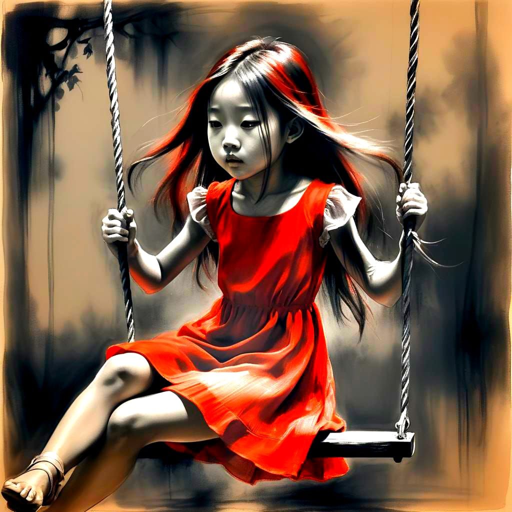 Creepy Charcoal Drawing of Girl on a Swing