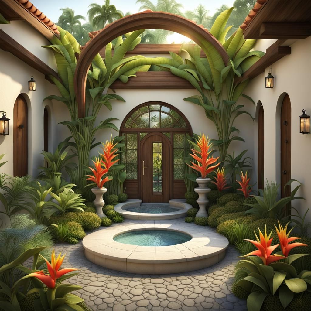 A fantasy garden courtyard with an arbor above leading to the front door from the garden gate. There is a heliconia plan...