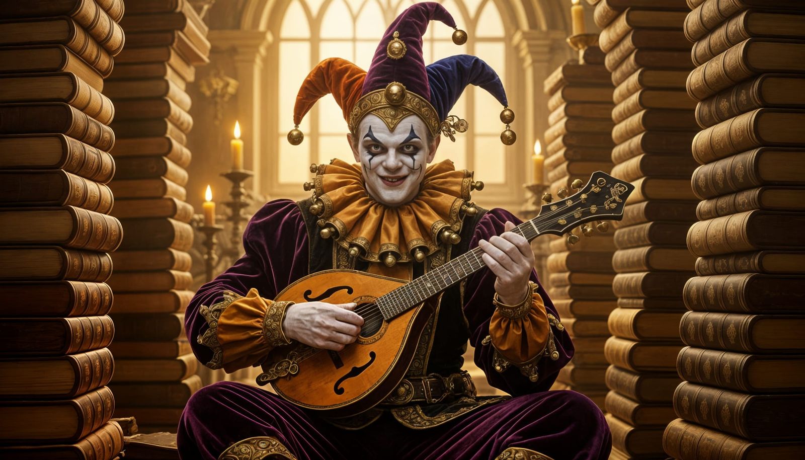 Jester Plays Mandolin Among Ancient Books in Chiaroscuro