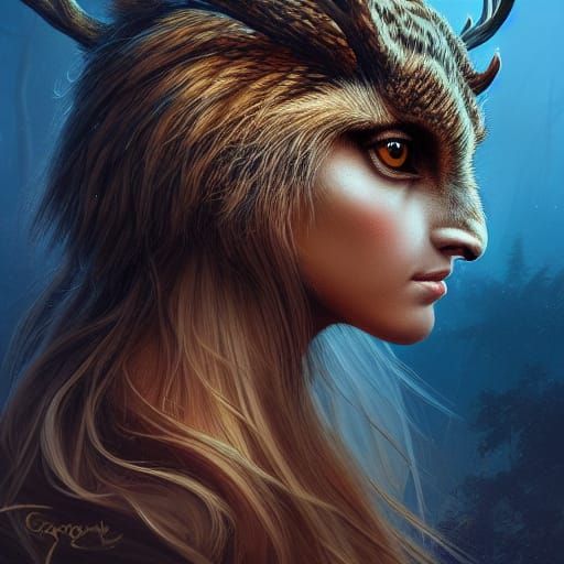 Beautiful Deer-Owl Girl Portrait in Fantasy Style