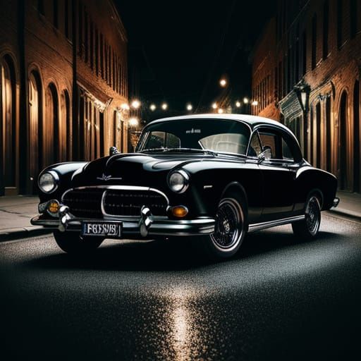Epic Black Classic Car Illuminated in Old City Night