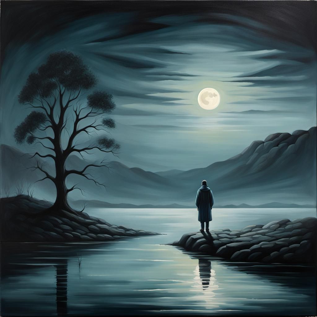 Poignant Oil Painting of Loneliness by Dark Lake