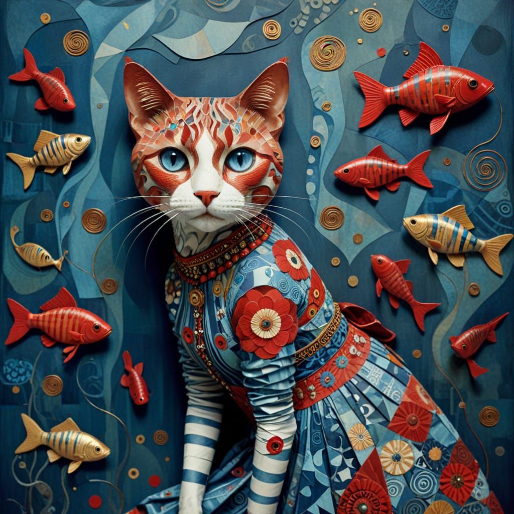 Surreal Folk Art Nouveau Scene with Klimt-Inspired Colors an...